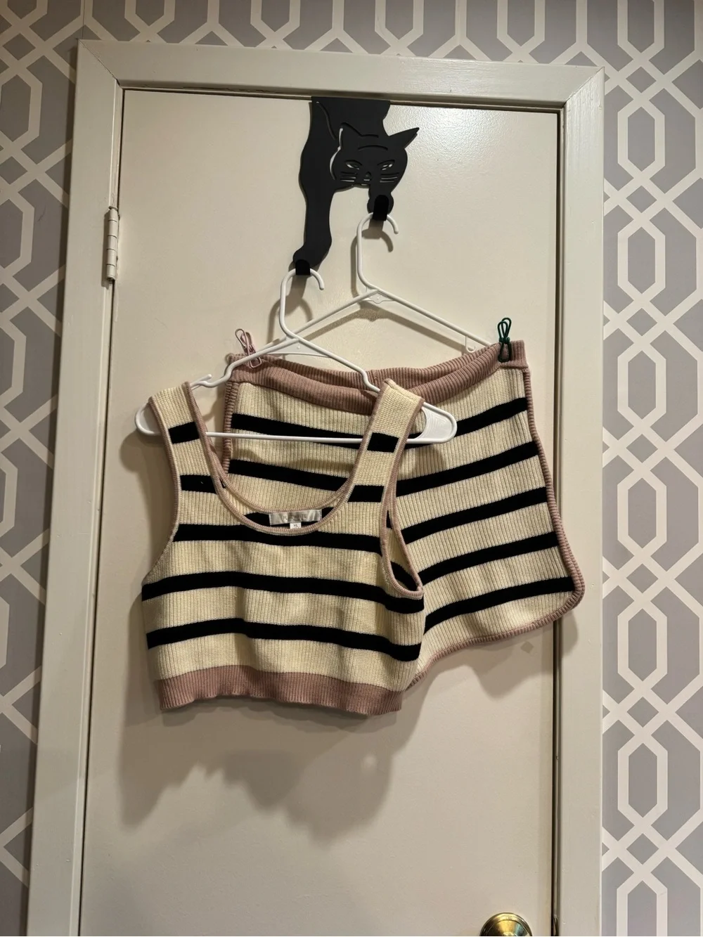 Anthropologie Size XL Striped Knit Cardigan, Crop Top & Shorts Set -Pink & Black - Picture 4 of 15
